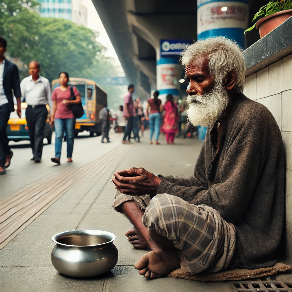 Old beggar sits alone, ignored by busy people and vehicles.png