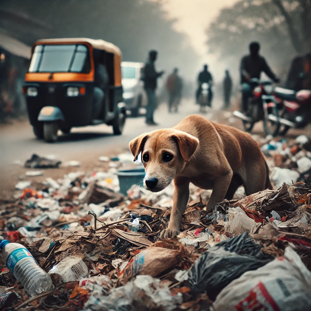 Stray dog searches garbage for food, unnoticed by passersby.