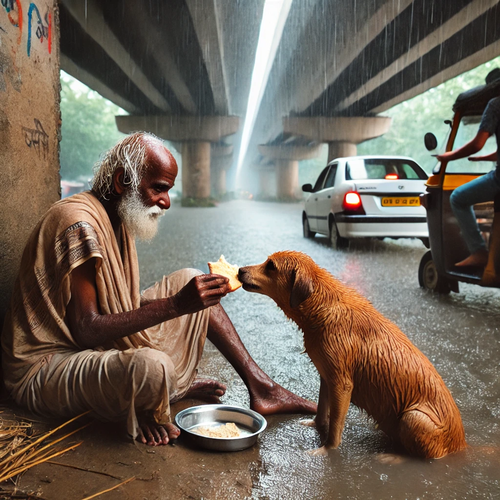 Beggar shares bread with stray dog under heavy rain.