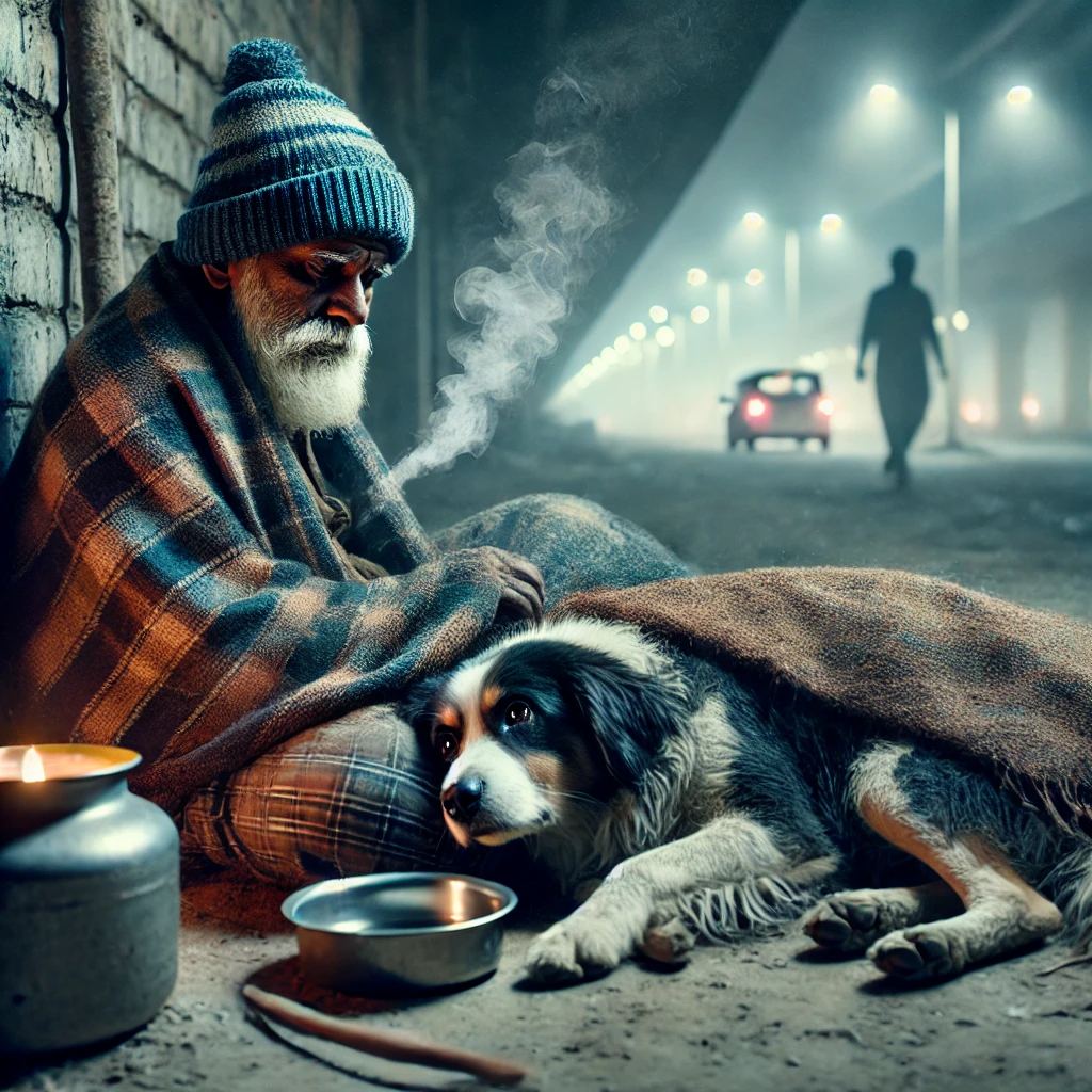Sick beggar lies under bridge, loyal dog stays beside.