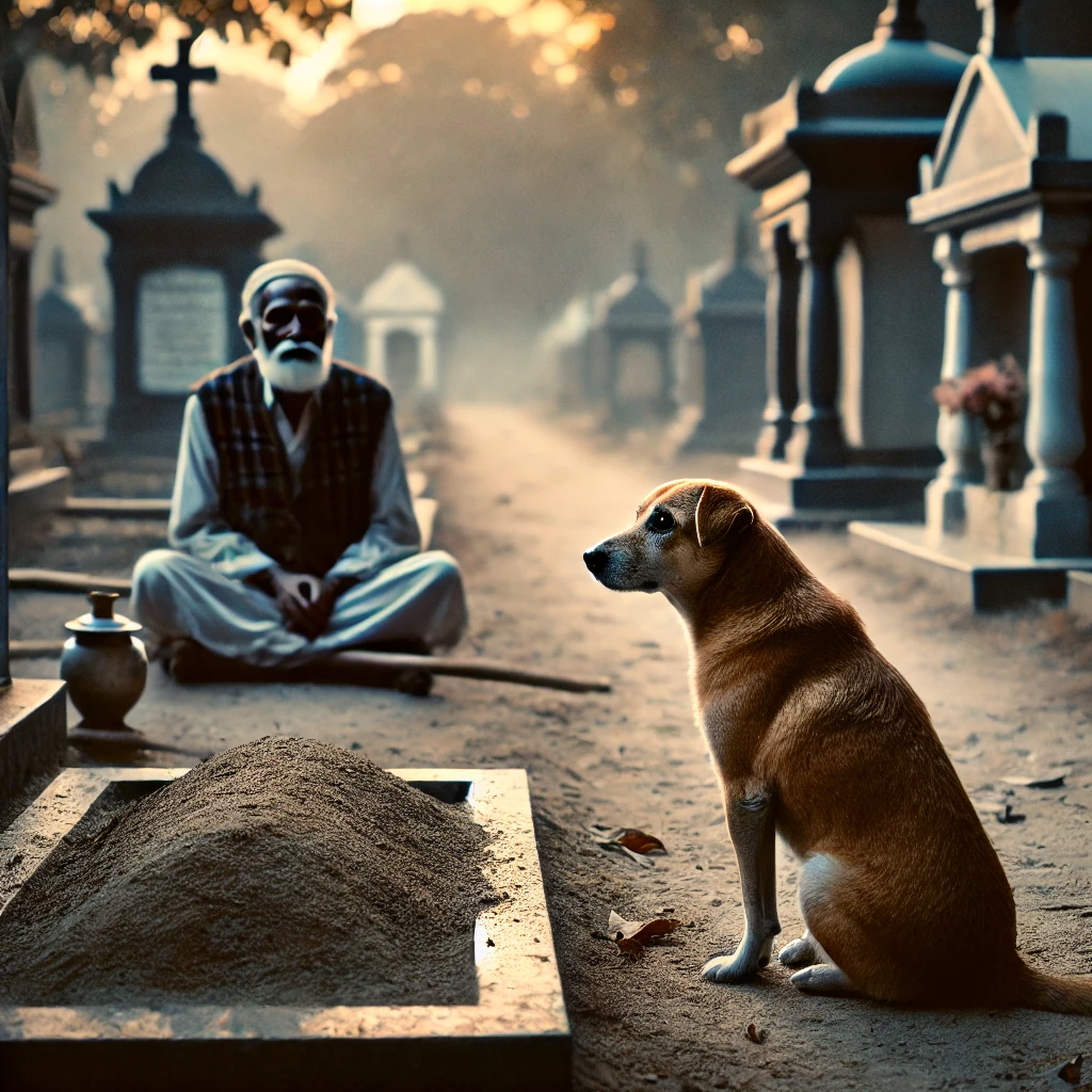 Stray dog sits sadly beside beggar's grave in cemetery.