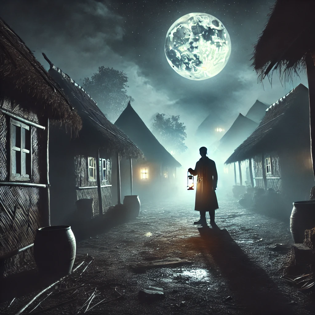 A mysterious Indian village at night, covered in eerie fog with dimly lit huts. A lone investigator holding a lantern stands in the middle, cautiously observing his surroundings under the full moon’s shadowy glow.