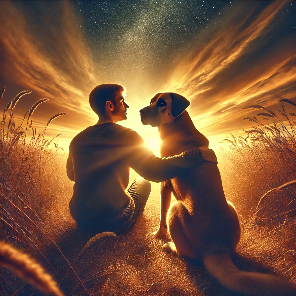 "A young man and his loyal dog sitting together at sunset, symbolizing love and companionship."