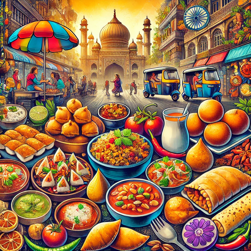 A vibrant and colorful collage of Indian street food, featuring Pani Puri, Vada Pav, Samosa, Chaat, Momos, Bhel Puri, Stuffed Paratha, and Banarasi Paan, set against a lively Indian street market."