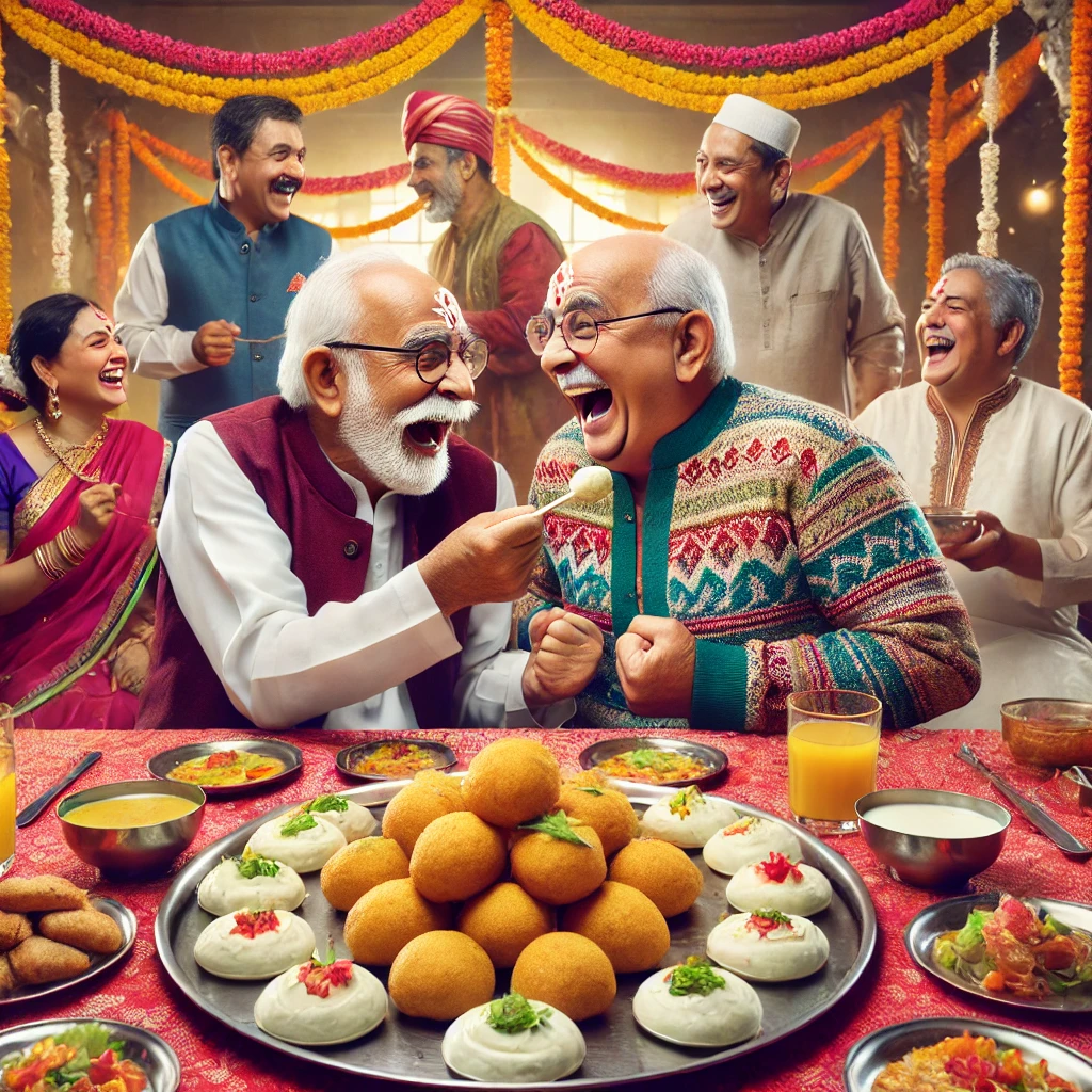 A vibrant and humorous Indian wedding feast where two elderly men playfully argue over a plate of dahi vada, while guests laugh and enjoy the festive atmosphere.