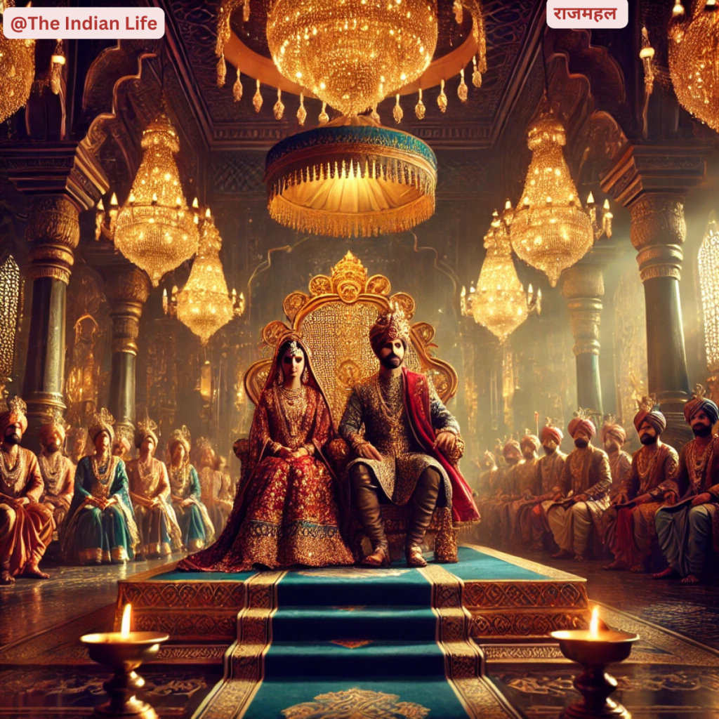 "एक भव्य भारतीय राजा और रानी सोने के सिंहासन पर बैठे हैं, चारों ओर उनका शाही दरबार है। वातावरण जादुई है, झूमर की रोशनी और दीवारों पर सुंदर नक्काशी के साथ।"